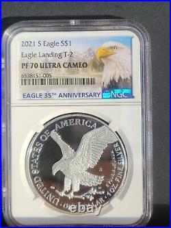% 2021 S Ngc Pf70 Silver Eagle Type 2 Landing T2 Reverse Up Front, Showing S