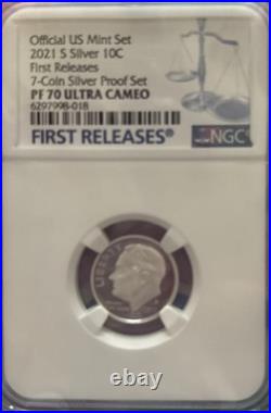 2021 S US Mint Silver 7-Coin Proof Set, NGC PF70 PR70 Complete Perfect, Gaudioso