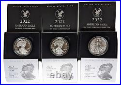 2022 Silver Eagle Set 2022-W Proof, 2022-S Proof, 2022-W Burnished Unc, with OGP