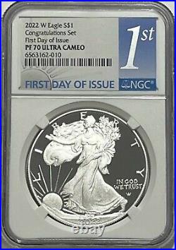 2022 W $1 Ngc Pf70 First Day Of Issue Proof Silver Eagle Congratulation Set Fdoi