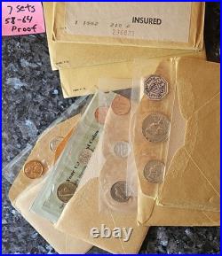 7 Proof sets 1958-1964 U. S. Mint 90% Silver Proof Sets in open Envelopes #1