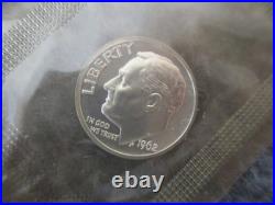 90% SILVER US MINT PROOF SET(4) 1962 5 COIN CELLO FLAT PACK withORIG ENVELOPE/CARD