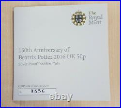 Beatrix Potter 150th Anniversary Silver Proof PIEDFORT 50p Coin 2016 with CoA