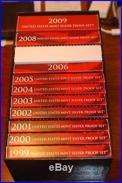 COMPLETE RUN US MINT SILVER PROOF SETS DATED 1999 TO 2009 ORIGINAL as ISSUED