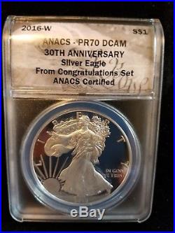 Extremely Rare 2016 W Silver Eagle Congratulations Set ANACS PR70 30TH Anniversa