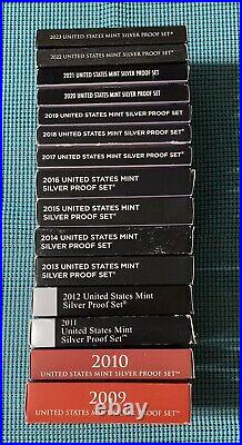 FIFTEEN (15) U. S. Mint SILVER PROOF sets 2009 through 2023