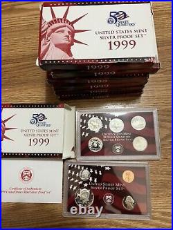 Investor Lot (7) 1999 Silver Proof Sets (9 Coins) OGP Original Boxes withQuarters