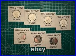Lot Of 7 x Silver Proof GW Qtrs 1992-S Thru 1998-S Pristine 1.26 Ounces Silver