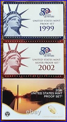 Lot of 3 US Proof Sets 1999 / 2002 SILVER / 2016 with OGP & COA (192)