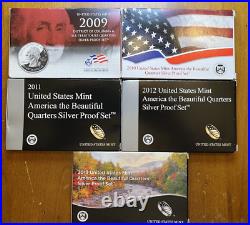 Lot of 5 2009-2013 US Mint Silver Quarter Proof Sets OGP with boxes & COAs