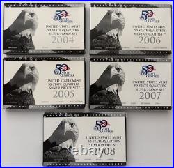 Lot of 5 US Mint 2004 to 2008 State Quarters Silver Proof Sets