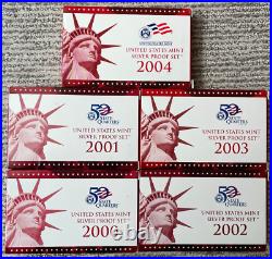 Lot of 5 US Mint Silver Proof Sets 2000-2004 Inclusive with OGP & COA