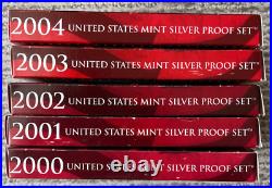Lot of 5 US Mint Silver Proof Sets 2000-2004 Inclusive with OGP & COA