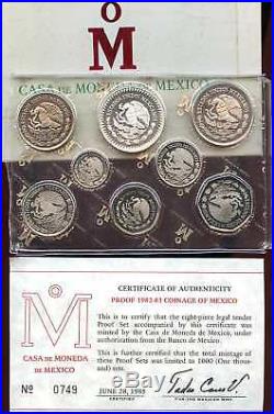 Mexico 1983 1982 PROOF set 8 coins, First silver PROOF Libertad! Box/coa