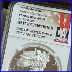 NGC PF70 2020 W END of WORLD WAR II 75th SILVER AMERICAN EAGLE V75 in hand