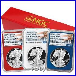 Presale 2020-W Proof $1 American Silver Eagle 3 pc. Set NGC PF70UC FDI Trump L