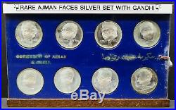 Rare Ajman Faces With Gandhi 5 Riyals Silver Proof Set With Security Seal Unc