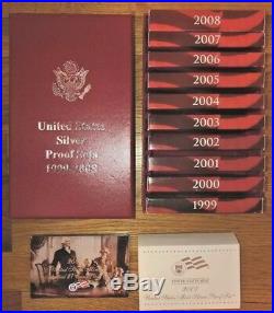 Silver 1999-2008 Proof Set Run Original Boxes & COAs 10 Sets US Mint 109 Coins