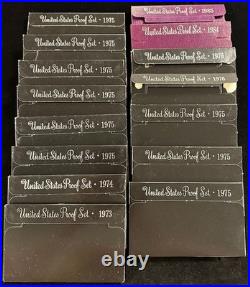U. S. Mint PROOF Sets 1973-1976, 1984, 1985 Group of 15 with Boxes