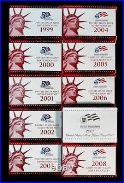 US MINT 1999 2008 Silver Proof Sets with State Quarters, Packaging COA's