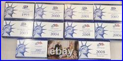 US Mint 10 Annual Proof Sets 1999-2008 OGP Box & COA 109 Coins Estate Sale Lot