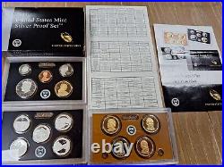 US Mint SILVER Proof Sets Lot of 16 Sets 1999, 2002 thr 2016, CoA's & boxes