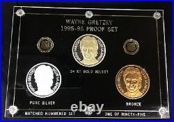 WAYNE GRETZKY 1995-96 PROOF SET 3 COINS BRONZE 24 KT SEL. GOLD 1 oz. SILVER 1/95