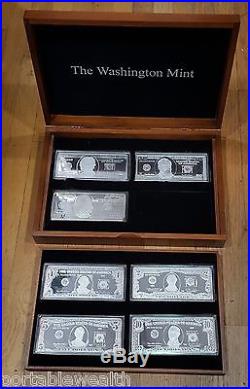 Washington Mint Silver Bar Proofs Currency. 999 $1, $2, $5, $10, $50, $100. 28 oz set